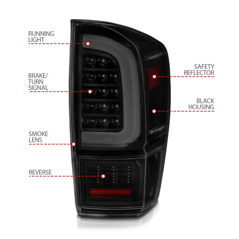 ANZO 16-21 Toyota Tacoma LED Tail Lights - w/ Light Bar Sequential Black Housing & Smoke Lens