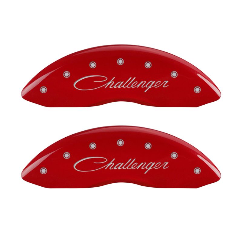 MGP 4 Caliper Covers Engraved Front & Rear Cursive/Challenger Red finish silver ch