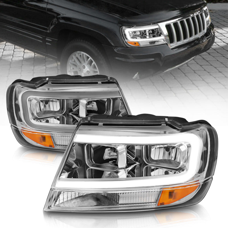 ANZO 1999-2004 Jeep Grand Cherokee Crystal Headlights w/ Light Bar Chrome Housing