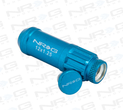 NRG 700 Series M12 X 1.25 Steel Lug Nut w/Dust Cap Cover Set 21 Pc w/Locks & Lock Socket - Blue