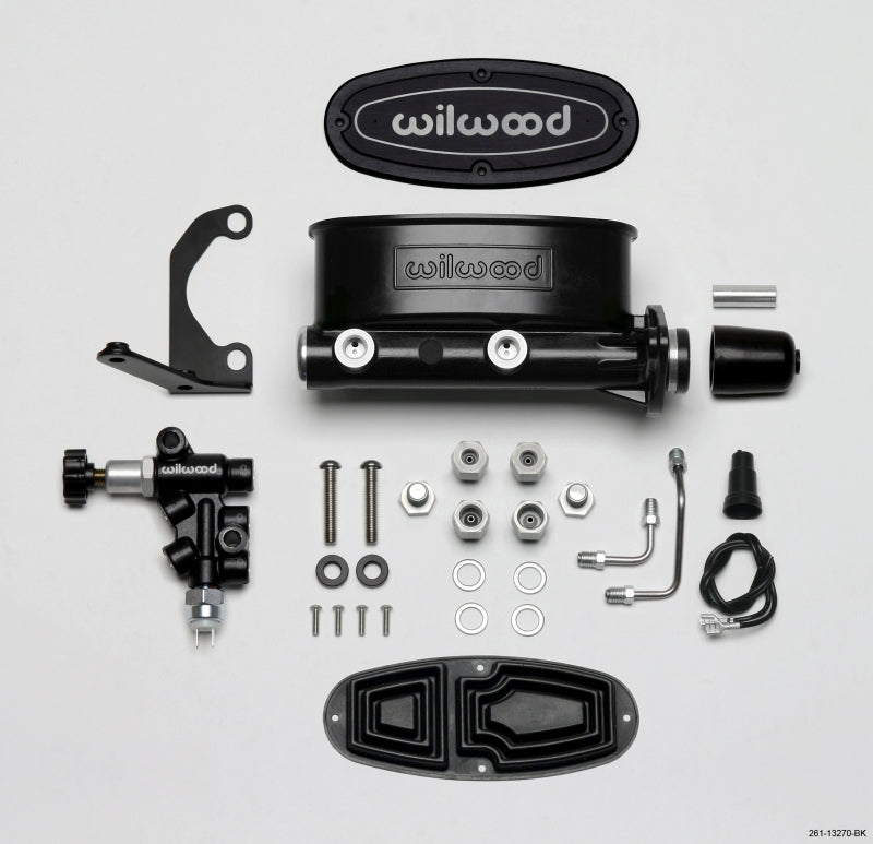 Wilwood HV Tandem M/C Kit w L/H Bracket & Prop Valve - 1 1/8in Bore Black