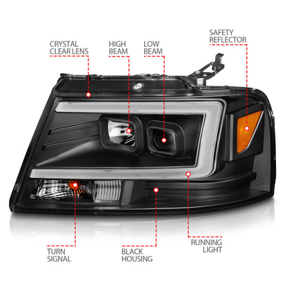 ANZO 2004-2008 Ford  F-150 Projector Headlights w/ Light Bar Black Housing