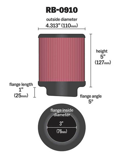 K&N Universal Rubber Filter 3 inch 5 Degree FLG 4 1/2 inch OD 5 inch Height